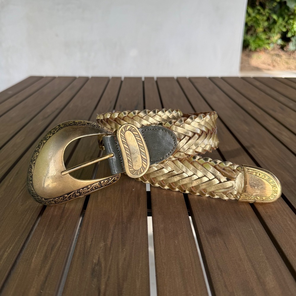 Lady Captiva Metallic Gold Braided Leather Belt Western Engraved Buckle Size M - Picture 7 of 10